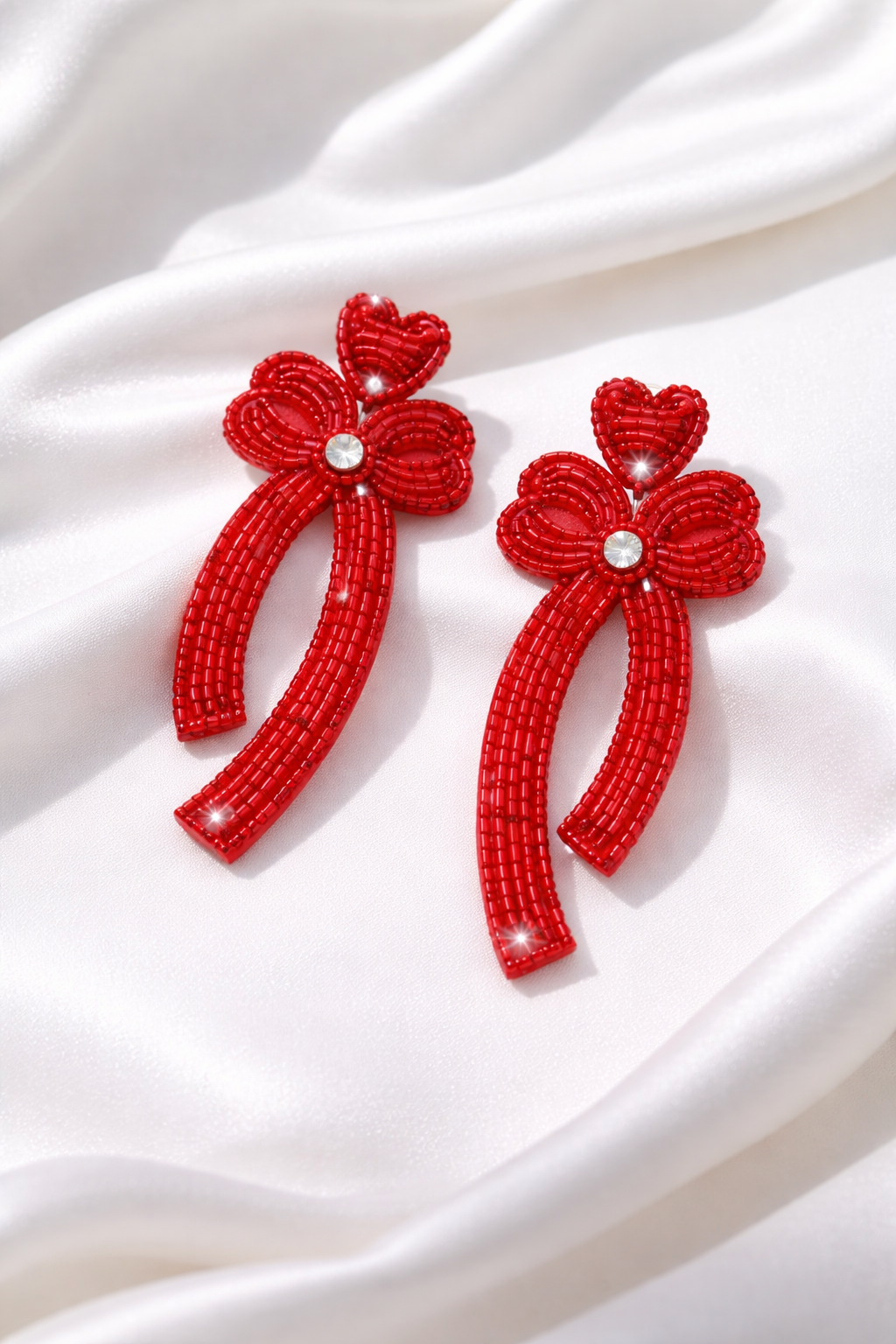 Red Beaded Bow Drop Earrings