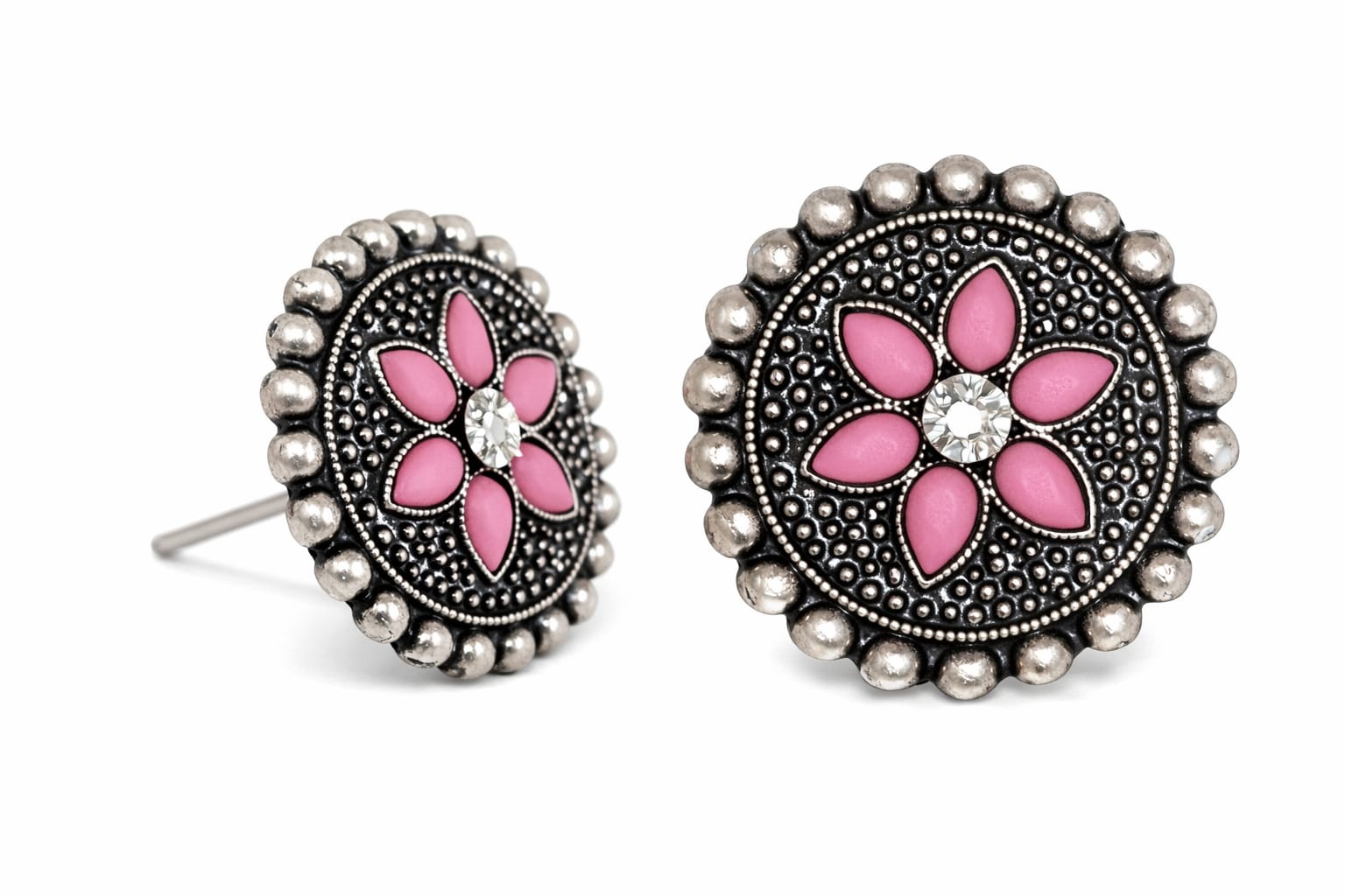 Vintage Oxidised Pink Floral Drop Earrings