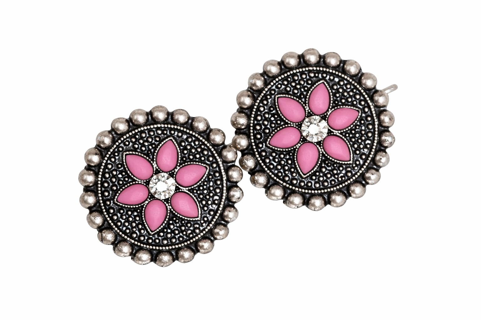 Vintage Oxidised Pink Floral Drop Earrings