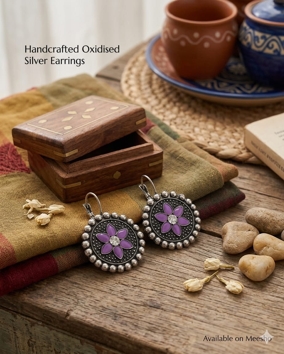 Vintage Oxidised Purple Floral Earrings