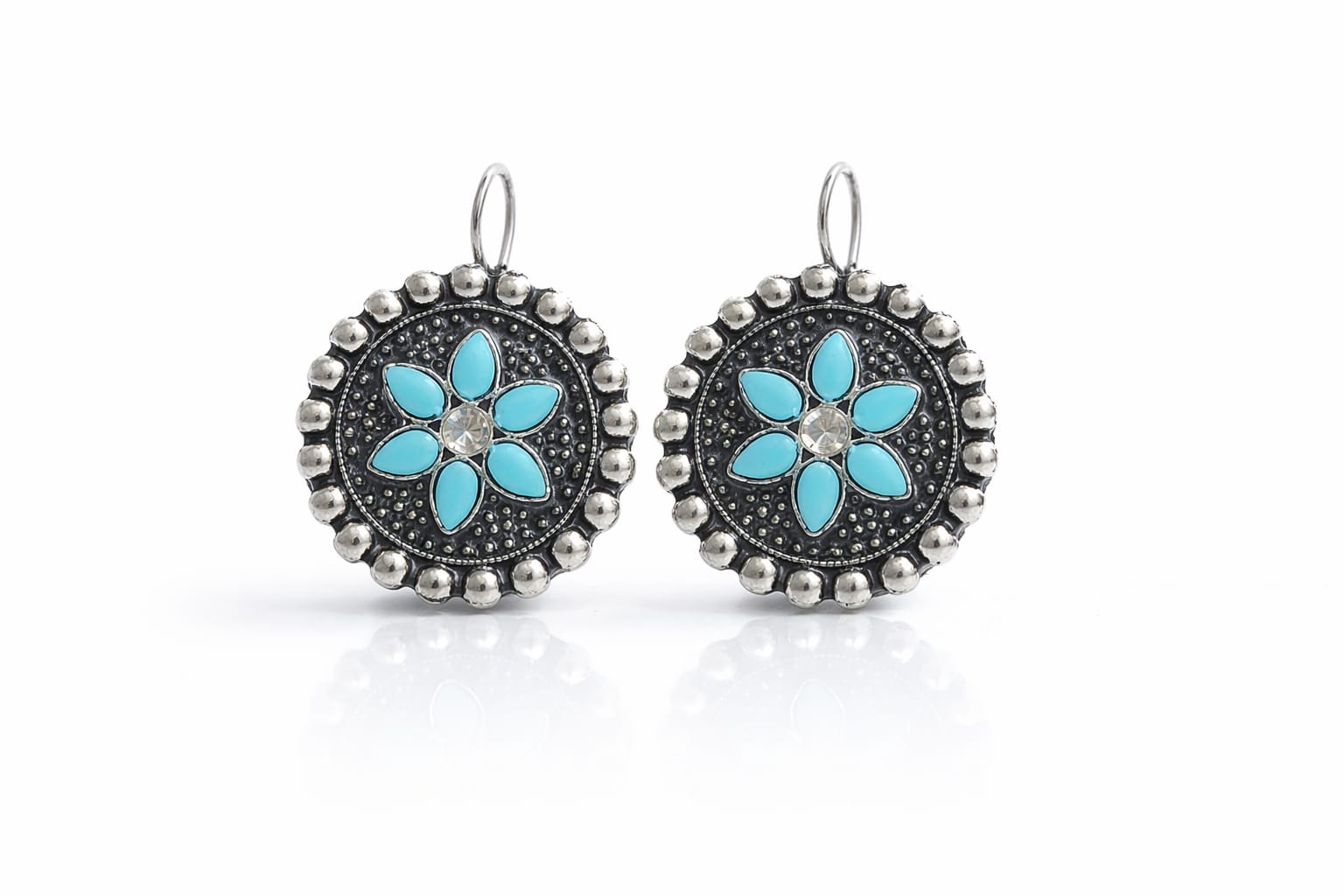 Vintage Oxidised Sky Blue Floral Drop Earrings