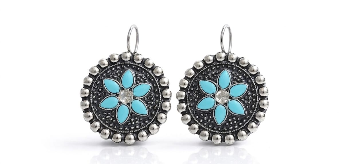 Vintage Oxidised Sky Blue Floral Drop Earrings